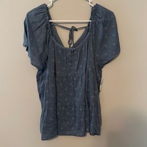 Old Navy top, blue with embroidered flowers, button front and tie back.